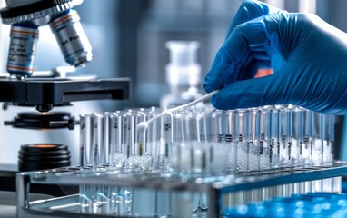 person's hand in a blue glove holding a swab over a row of test tubes