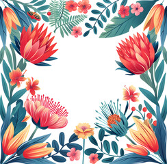 This vibrant floral banner features an Australian ornament, ideal for Mother's Day or birthday greeting cards, and can also serve as an exotic plant and flower square frame background.