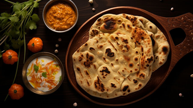 Wide traditional Indian food recipe banner mage, detailed closeup photo of naan bread on a tray with gravies and curries around in dark background 