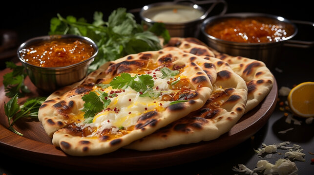 Wide traditional Indian food recipe banner mage, detailed closeup photo of naan bread on a tray with gravies and curries around in dark background 