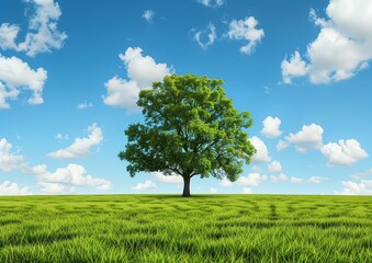 Fototapeta na wymiar Majestic Lone Tree in Lush Green Field Under Blue Sky with Clouds