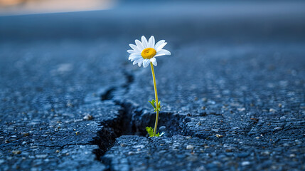Daisy flower sprouting from cracks in the city's asphalt, showing the strength of mother nature and symbolizing hope and resilience