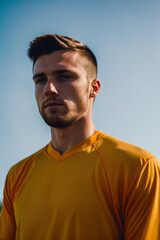 Obraz premium Upper body shot of an Caucasian athlete wearing a sports jersey, confidently looking into the distance. AI generated.