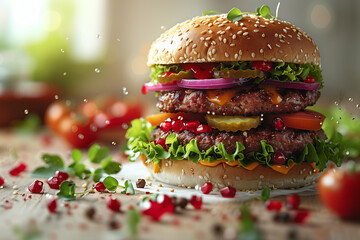 Delicious hamburger with fresh vegetables on a white background