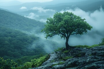 Obraz premium A tranquil scene with a single tree standing resilient on a rocky incline amidst a foggy, verdant mountain range