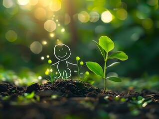 A stickman drawing of a person planting a seedling in the dirt
