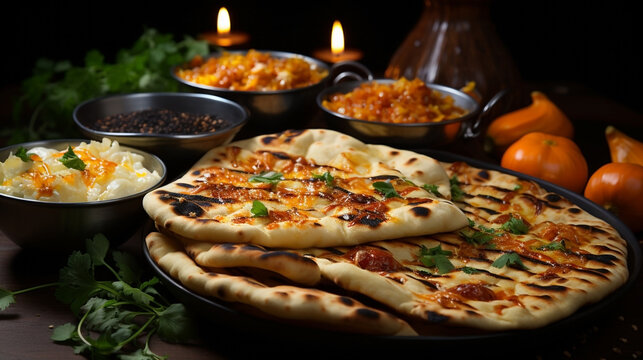 Wide traditional Indian food recipe banner mage, detailed closeup photo of naan bread on a tray with gravies and curries around in dark background 