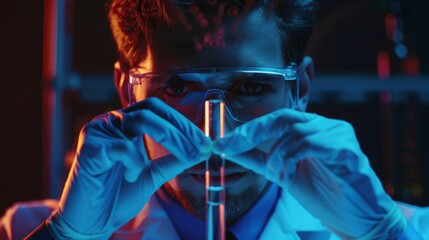 Laboratory specialist with test tube on dark background