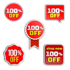 100% off, special (offer), buy now for a limited time. Red 3D label (icon) designs. Online coupon with super discount. vector illustration, one hundred percent.