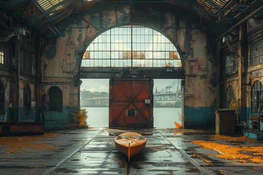 Showcasing an abandoned boathouse interior with a solitary boat, offering views of a distant bridge and autumn foliage