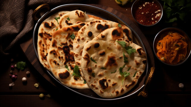 Wide traditional Indian food recipe banner mage, detailed closeup photo of naan bread on a tray with gravies and curries around in dark background 