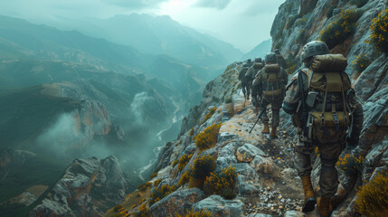command rangers during the military operation. soldiers climbing on mountain, one of them giving hand and helping to climb. Help, support, assistance in a dangerous situation.