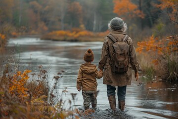 Naklejka premium An adult and child, seen from behind, hold hands by a forest lake in autumn showcasing a family bond and nature
