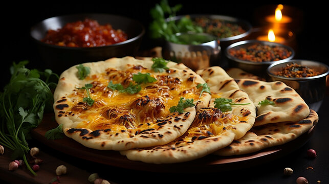 Wide traditional Indian food recipe banner mage, detailed closeup photo of naan bread on a tray with gravies and curries around in dark background 