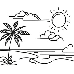 Fototapeta na wymiar One continuous line drawing of beach with palm tree. Abstract tropical landscape with sea and clouds in simple linear style. isolated on white background