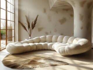A white couch with a brown rug in front of it