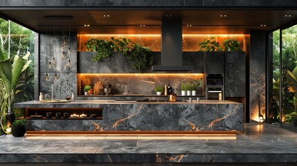 A modern kitchen with a black marble countertop and a black stove