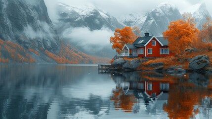 A red house sits on a rocky shore next to a lake