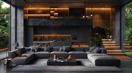 A large living room with a fireplace and a potted plant