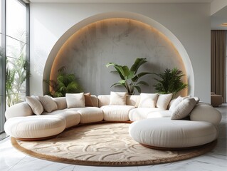 A living room with a white couch and a rug in the center