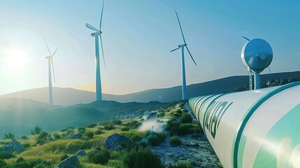 A hydrogen pipeline with wind turbines and in the background. Green hydrogen production concept. copy space for text. - obrazy, fototapety, plakaty