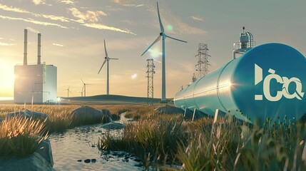 A hydrogen pipeline with wind turbines and in the background. Green hydrogen production concept. copy space for text.