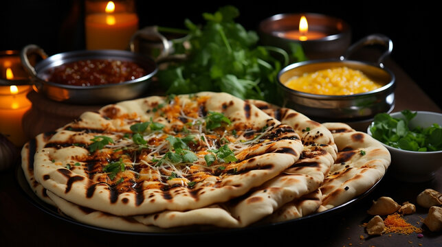 Wide traditional Indian food recipe banner mage, detailed closeup photo of naan bread on a tray with gravies and curries around in dark background 