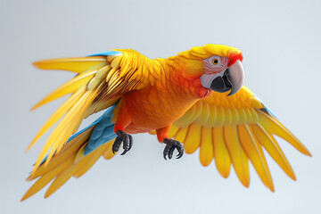 Beautiful yellow macaw parrot flying on a white background