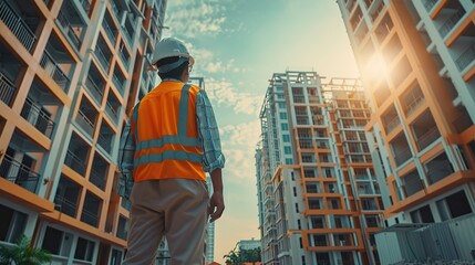 Asian engineer handsome man or architect survey to building with white safety helmet and wear reflective clothing for the safety of the work operation outdoor. copy space for text.