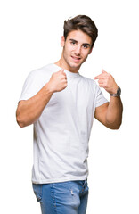 Young handsome man wearing white t-shirt over isolated background looking confident with smile on...