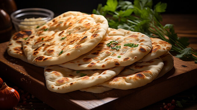 Wide traditional Indian food recipe banner mage, detailed closeup photo of naan bread on a tray with gravies and curries around in dark background 