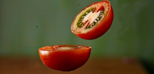 A fresh tomato cut in half, captured in mid-air with a green background, evoking the sensation of...