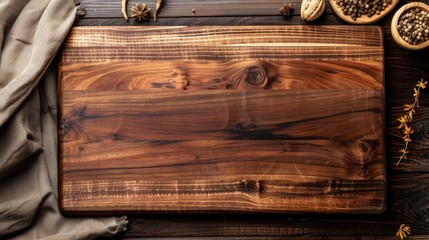 Wooden cutting board with assorted spices on table