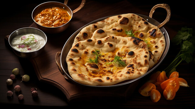 Wide traditional Indian food recipe banner mage, detailed closeup photo of naan bread on a tray with gravies and curries around in dark background 