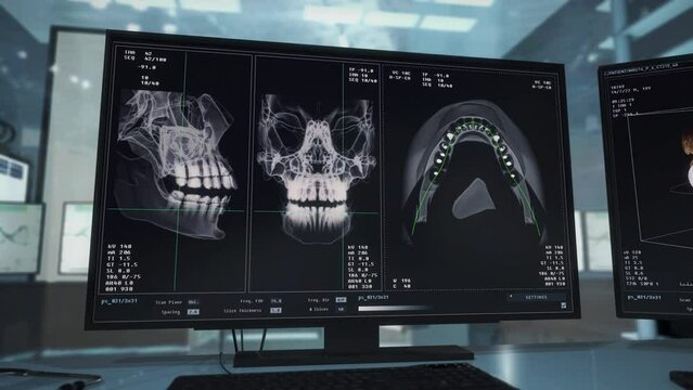 Diagnostic examination of the teeth inside the injured patients jaw. Diagnostic analysis examination of the teeth. Diagnostic examination of a jaw before medical care at a dental clinic. Stomatology.