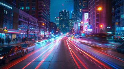 Fototapeta na wymiar A long exposure technique showcases streaks of car lights weaving through a vibrant urban landscape at night