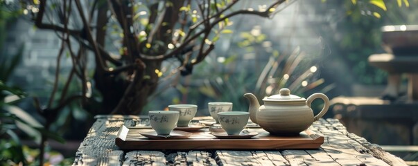 A traditional tea set comprising a teapot and cups, steeped in steam and sunlight, rests on a rustic wooden table amidst a tranquil garden setting. - obrazy, fototapety, plakaty