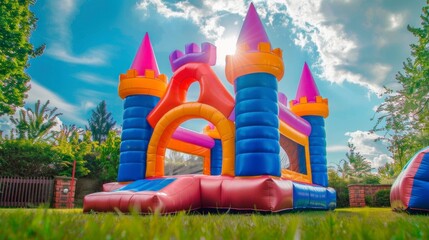 Cute colorful inflatable castle in a green garden on a sunny day