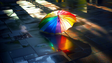 Rainbow umbrella casting shadows, abstract play of light and color