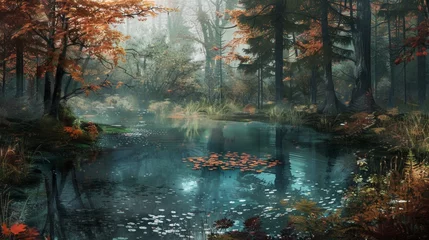 Fotobehang Pond in Forest with Water Lillies © 2rogan