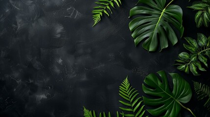 Elegant Black Background with Lush Green Tropical Leaves for Chic Design