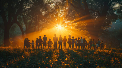 community large family in the park. a large group of people holding hands walking silhouette on nature sunset in the park. big family kid dream concept. people in the park. large sunlight family.