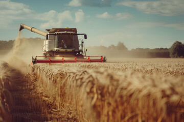 Harvester working in the field. Agricultural industry.