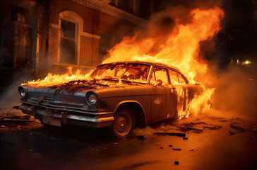 Fototapeta na wymiar a burn car by the side of the street, ai generative