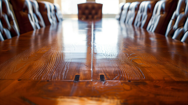 Empty conference room with wooden table and leather chairs, ideal for productive meetings