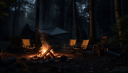 a camp fire during the night time in a forest, ai generative - obrazy, fototapety, plakaty