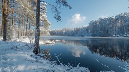 Snowy trees by lake in forest