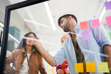 Business team uses a glass wall covered with sticky notes to outline processes during meeting....