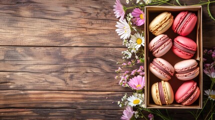 Box of macarons and flowers on wooden table