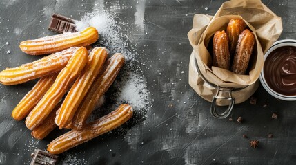 Chocolate and churros on table